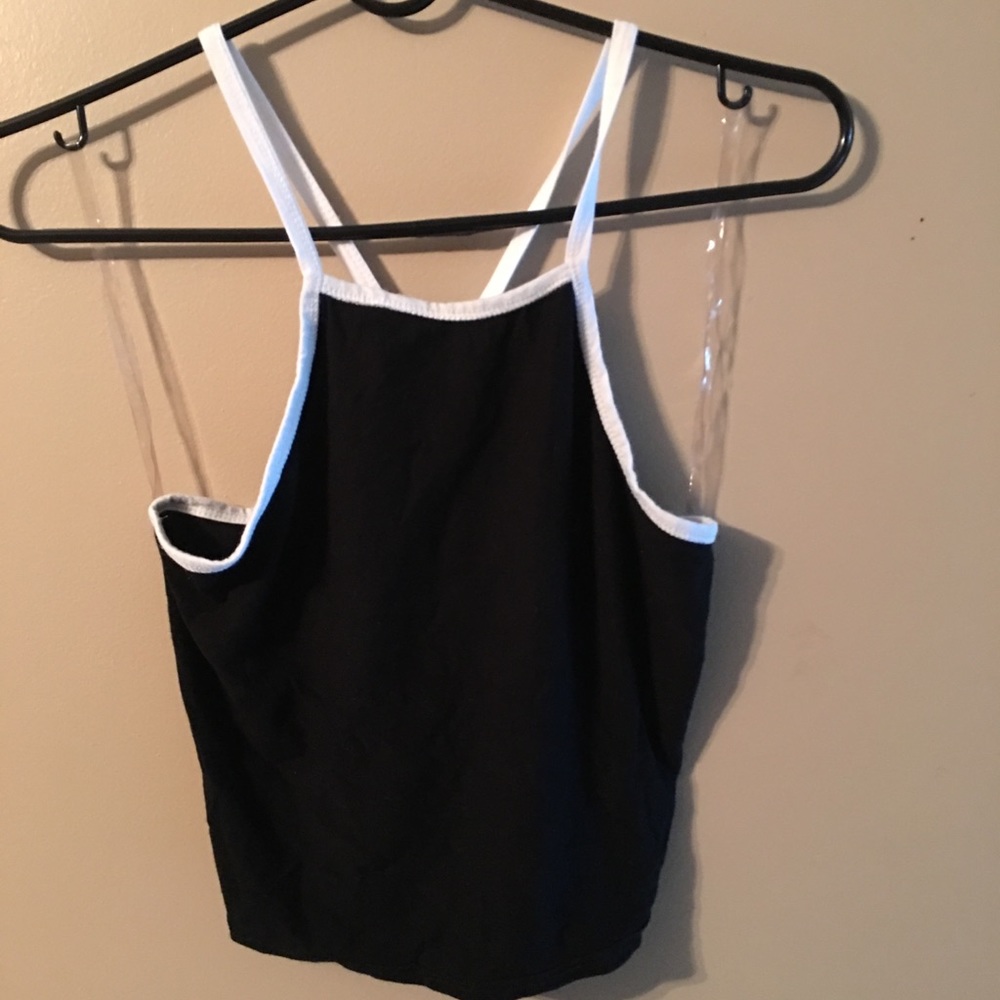 Black halter crop top with white straps